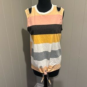 BiBi stripe sleeveless off shoulder/keyhole shoulder tie hem long tank. NWT. Sm